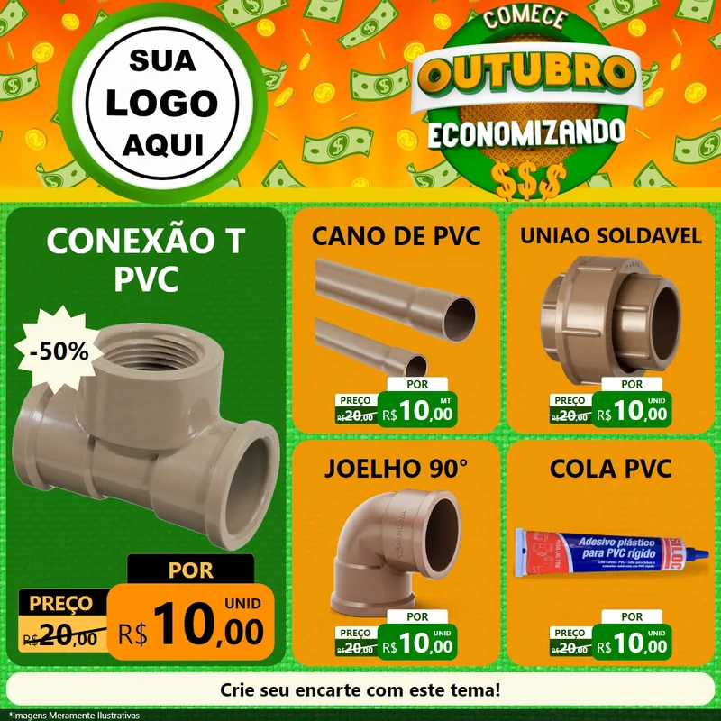 Modelo de Rede Social para Feed Facebook com o tema Comece Outubro Economizando para Tubos e conexões