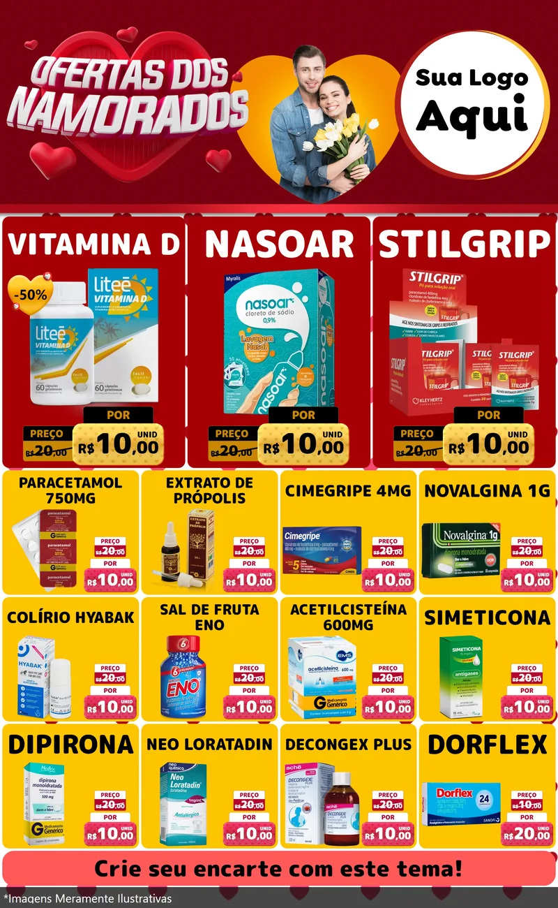 Modelo de Encarte para Encarte Grande com o tema Ofertas Dos Namorados para Farmácia