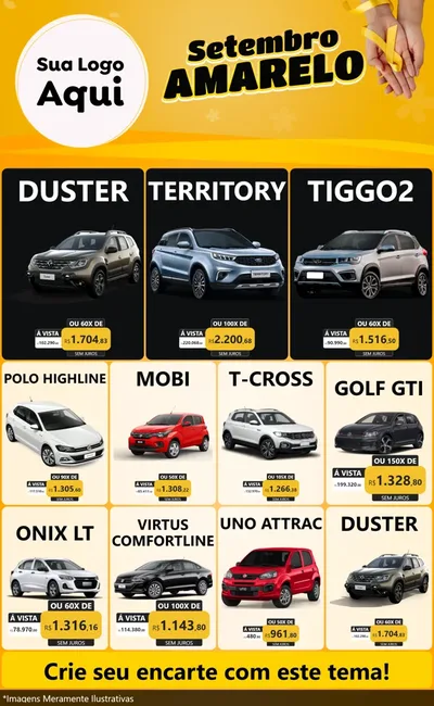 Modelo de Encarte para Encarte Grande com o tema Setembro Amarelo para Concessionaria de Carros