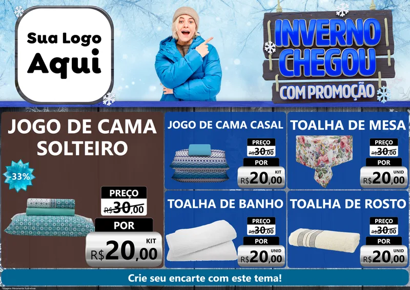 Modelo de Encarte para Encarte A4 Horizontal com o tema Inverno Chegou Com Promoção para Cama, Mesa e Banho