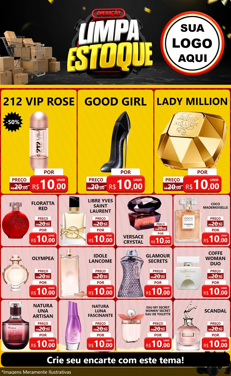 Modelo de Encarte para Encarte Grande com o tema Operação Limpa Estoque para Perfumes