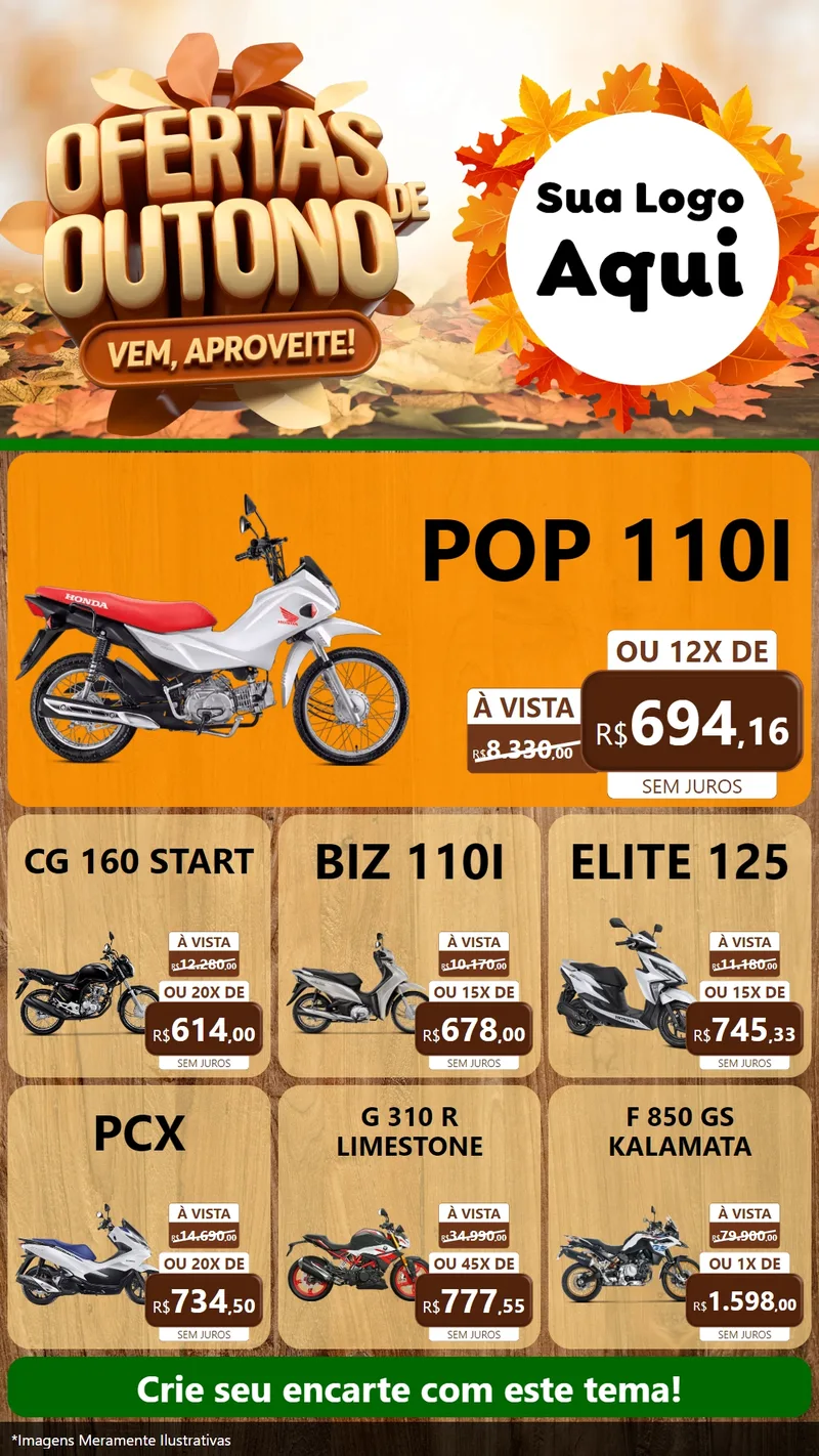Modelo de Rede Social para Stories com o tema Ofertas de Outono - Vem, Aproveite! para Concessionaria de Motos