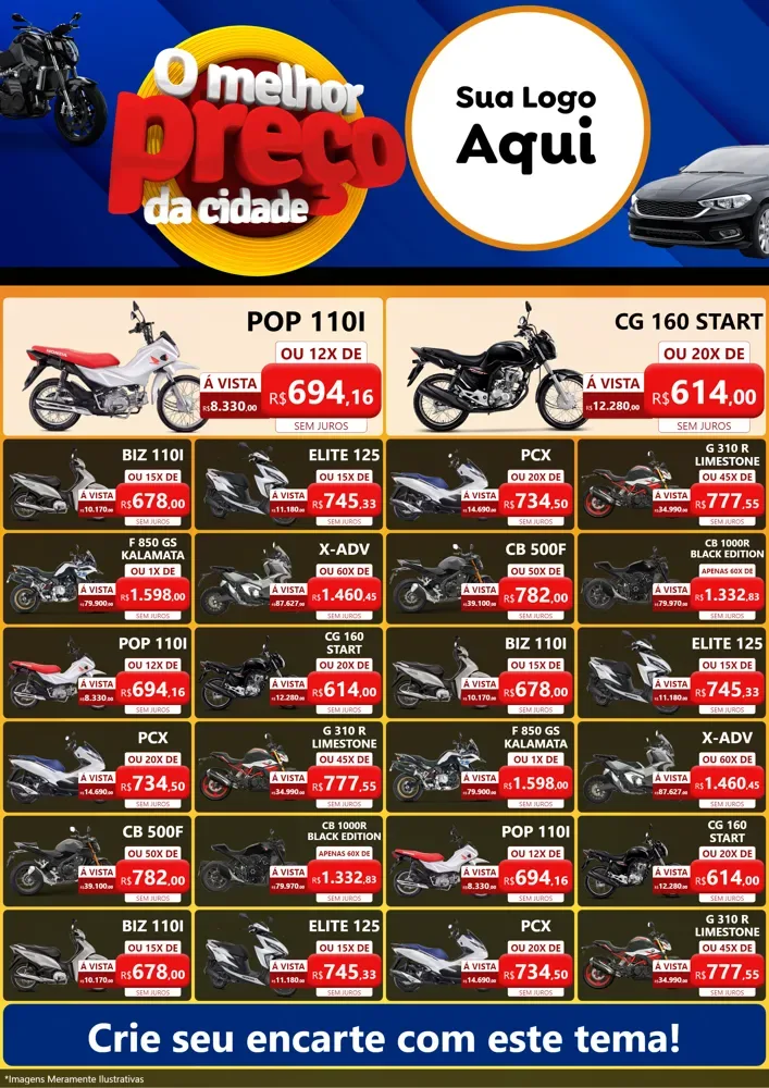 Modelo de Encarte para Encarte A4 Vertical com o tema O Melhor Preço da Cidade - Auto e Motopeças para Concessionaria de Motos
