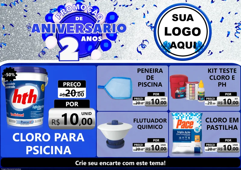 Modelo de Encarte para Encarte A4 Horizontal com o tema Promoção de Aniversário - 2 Anos para Produtos para Piscina