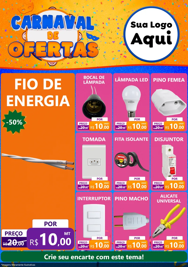 Modelo de Encarte para Encarte A4 Vertical com o tema Carnaval de Ofertas para Materiais Elétricos