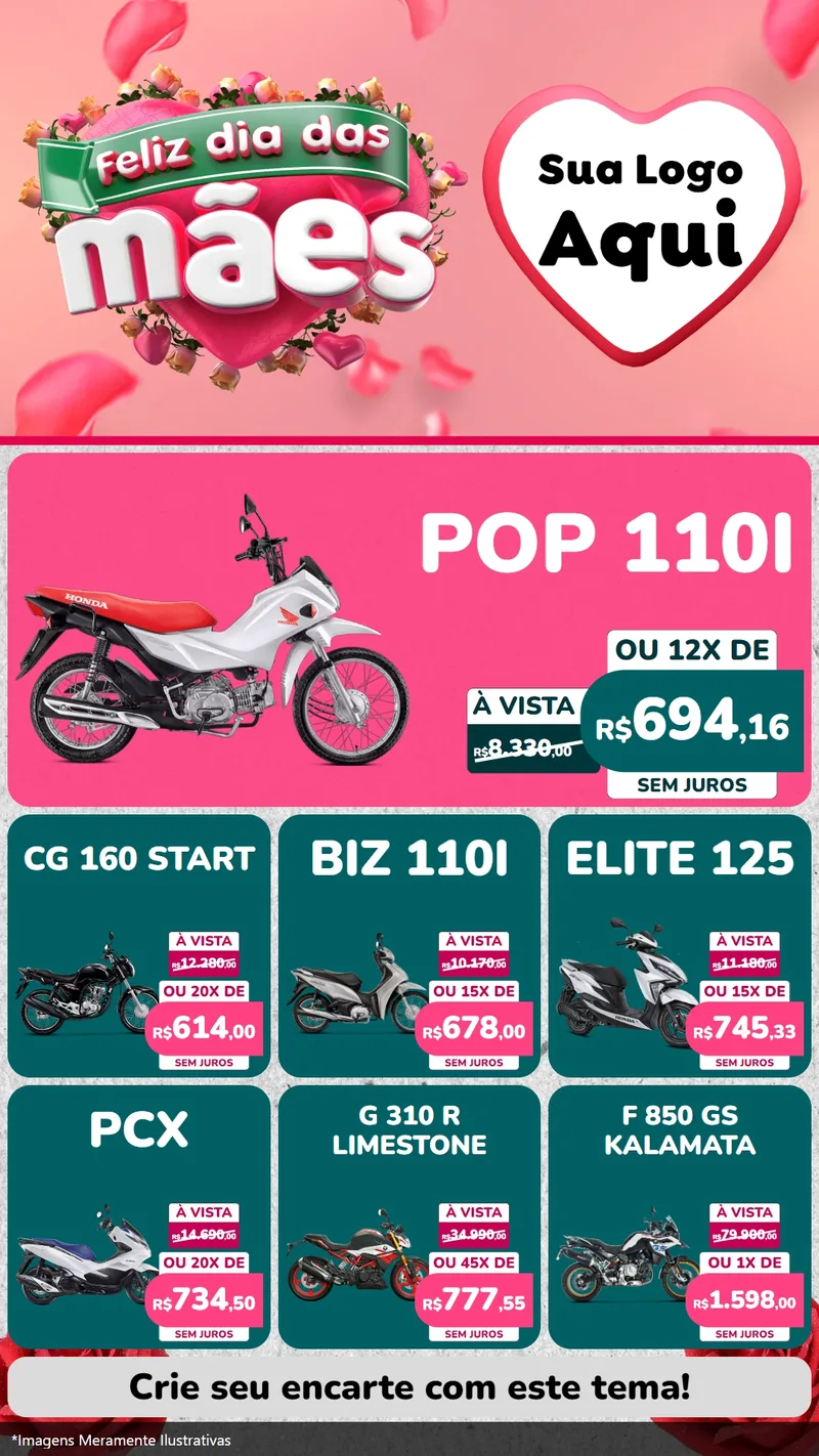 Modelo de Rede Social para Stories com o tema Feliz Dia das Mães para Concessionaria de Motos