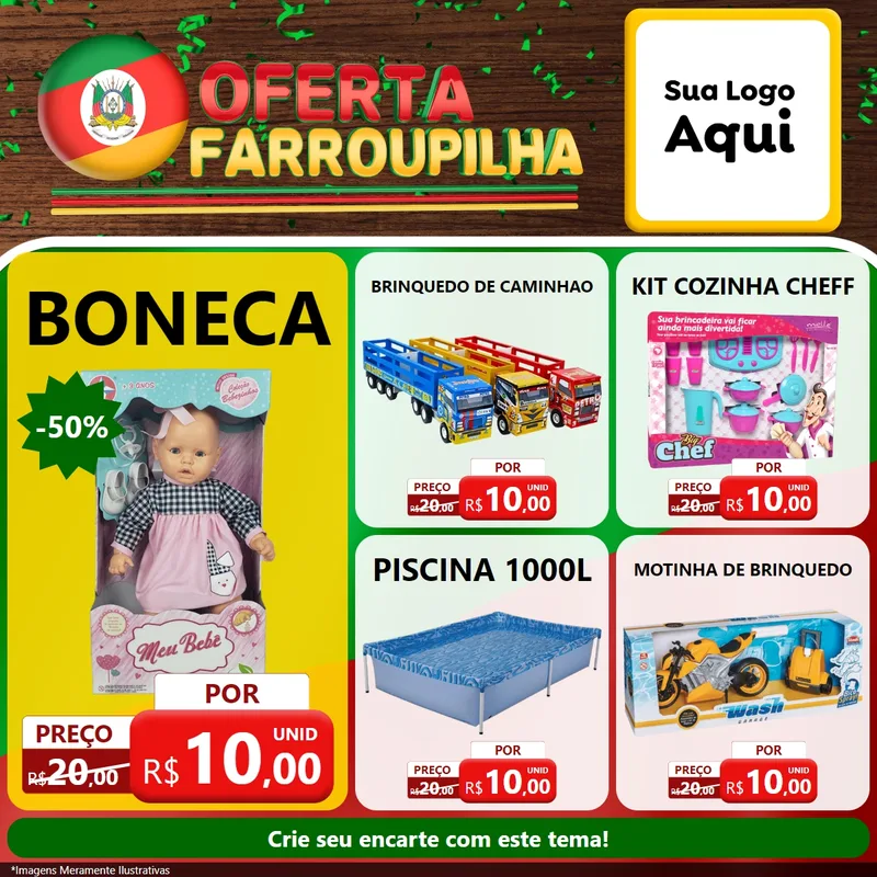 Modelo de Rede Social para Feed Facebook com o tema Oferta Farroupilha para Brinquedos