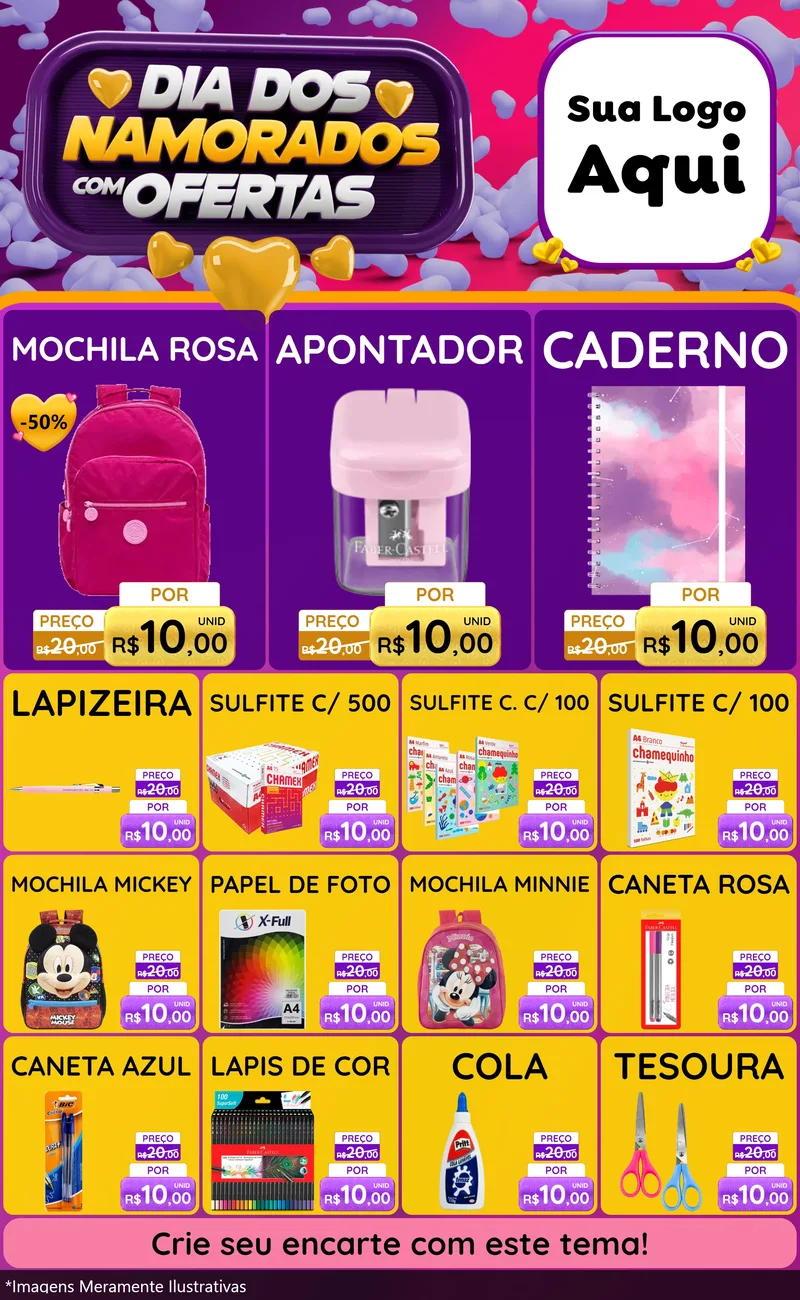 Modelo de Encarte para Encarte Grande com o tema Dia Dos Namorados Com Ofertas para Papelaria