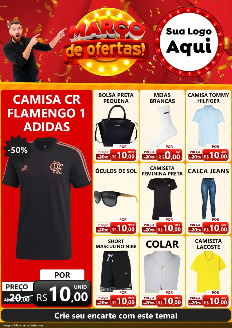 Modelo de Encarte para Encarte A4 Vertical com o tema Março de Ofertas! para Roupas e acessórios