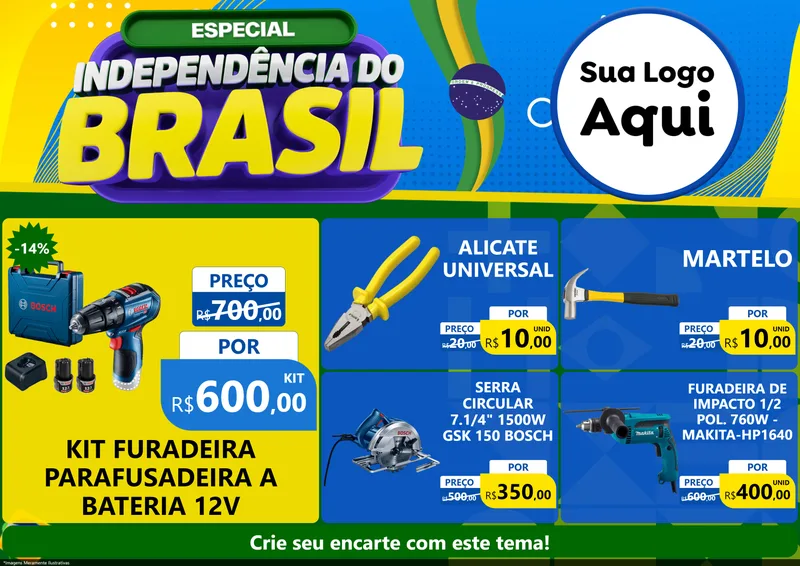 Modelo de Encarte para Encarte A4 Horizontal com o tema Especial Independência do Brasil para Maquinas e Ferramentas
