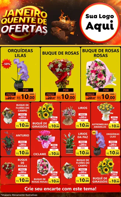 Modelo de Encarte para Encarte Grande com o tema Janeiro Quente de Ofertas para Floricultura e jardim