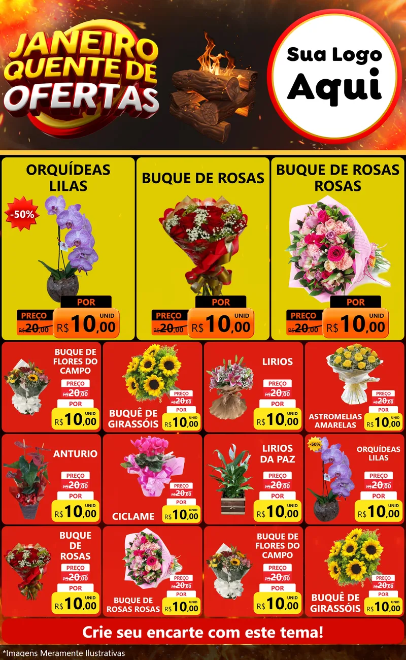 Modelo de Encarte para Encarte Grande com o tema Janeiro Quente de Ofertas para Floricultura e jardim