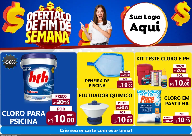 Modelo de Encarte para Encarte A4 Horizontal com o tema Ofertaço de Fim de Semana para Produtos para Piscina