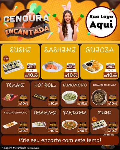 Modelo de Rede Social para Feed Instagram com o tema Cenoura Encantada - Páscoa para Comida japonesa