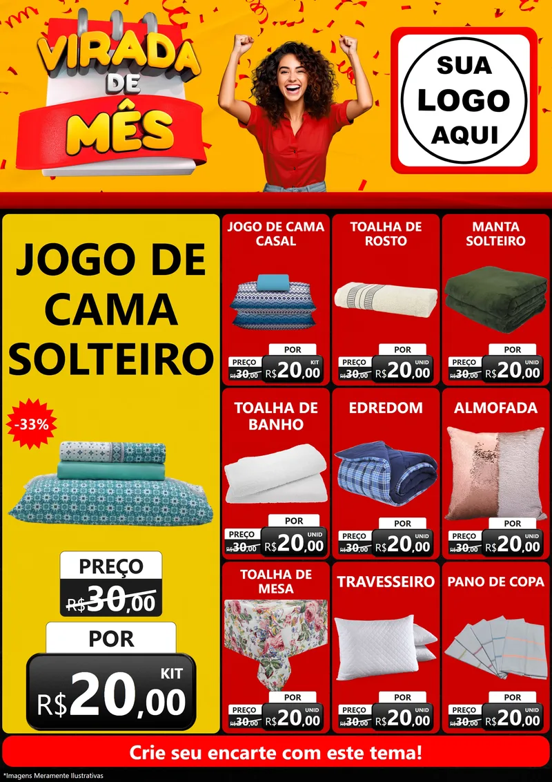 Modelo de Encarte para Encarte A4 Vertical com o tema Virada de Mês para Cama, Mesa e Banho