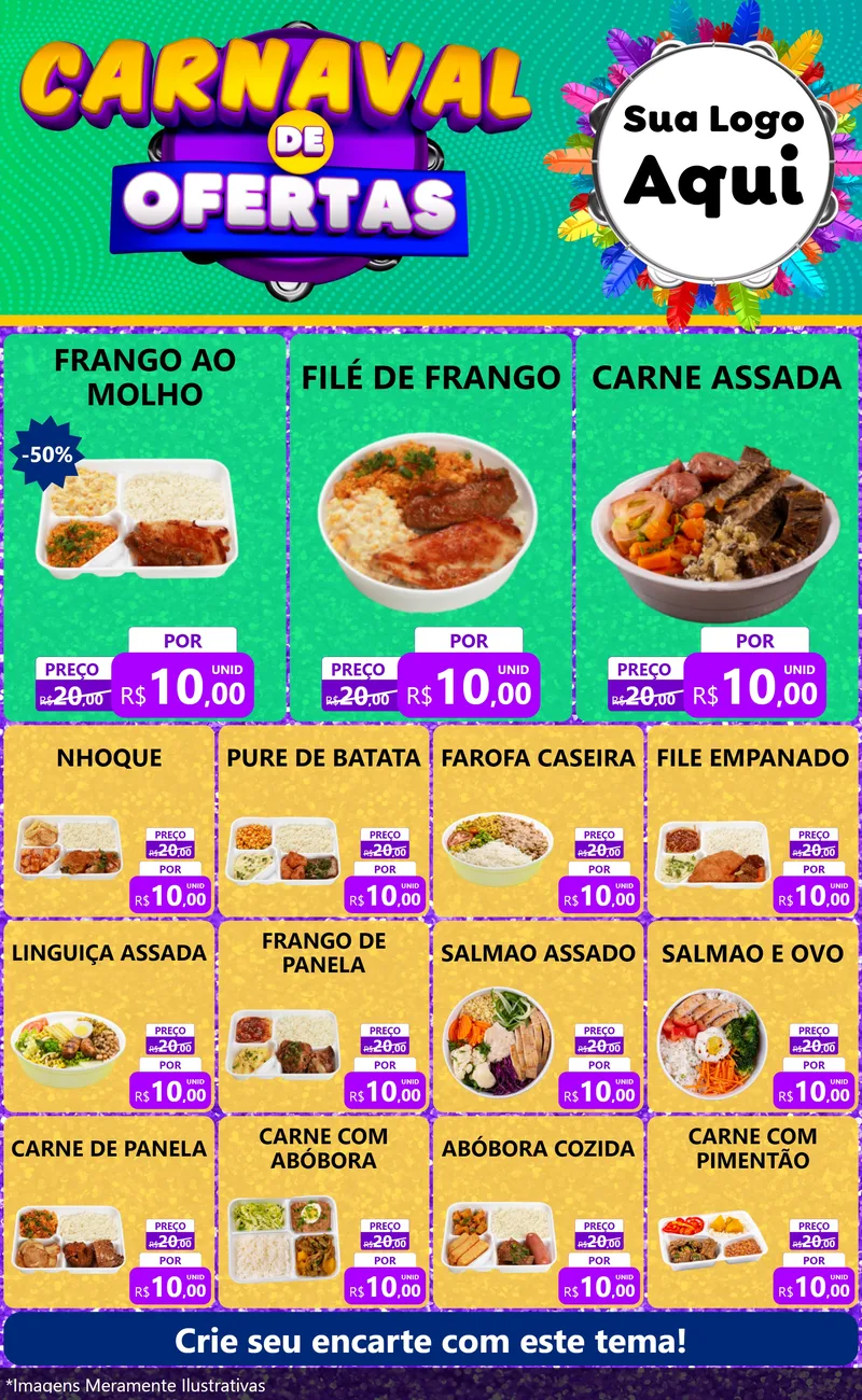 Modelo de Encarte para Encarte Grande com o tema Carnaval de Ofertas para Restaurante