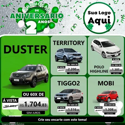 Modelo de Rede Social para Feed Facebook com o tema Promoção de Aniversário - 2 Anos para Concessionaria de Carros