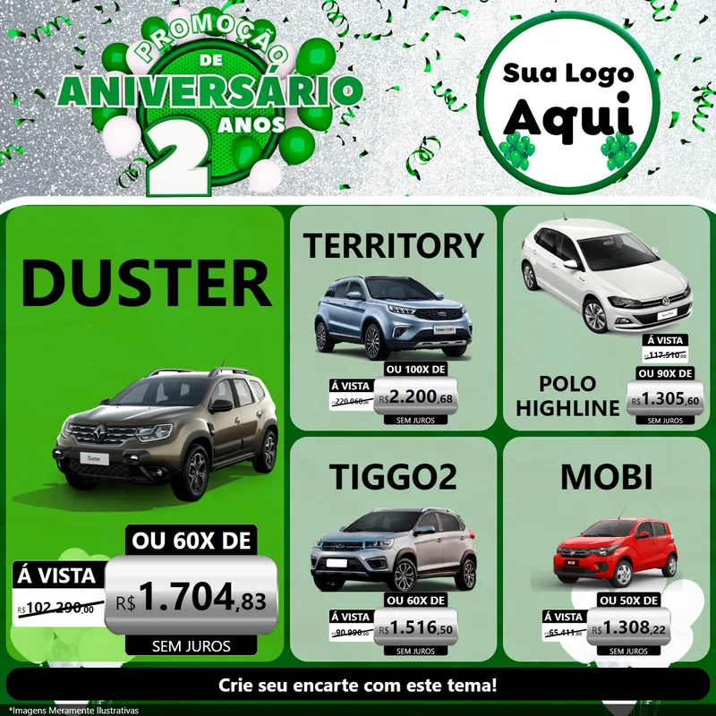 Modelo de Rede Social para Feed Facebook com o tema Promoção de Aniversário - 2 Anos para Concessionaria de Carros