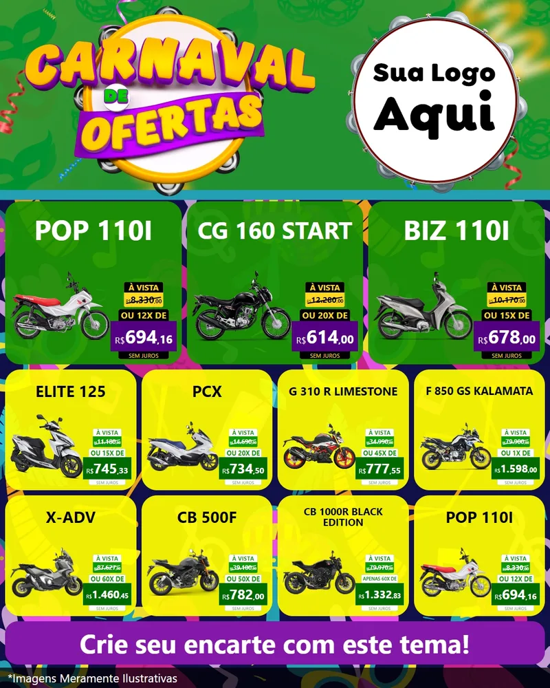 Modelo de Rede Social para Feed Instagram com o tema Carnaval de Ofertas para Concessionaria de Motos