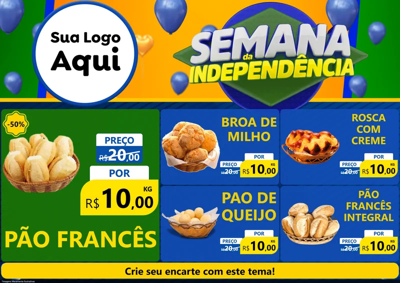 Modelo de Encarte para Encarte A4 Horizontal com o tema Semana da Independência para Padaria