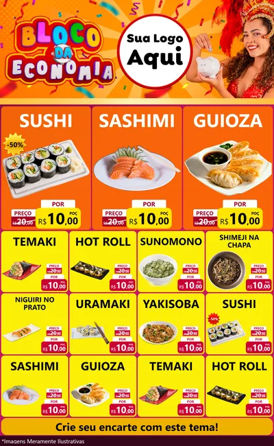 Modelo de Encarte para Encarte Grande com o tema Bloco da Economia para Comida japonesa