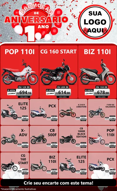 Modelo de Encarte para Encarte Grande com o tema Promoção de Aniversário - 1 Ano para Concessionaria de Motos