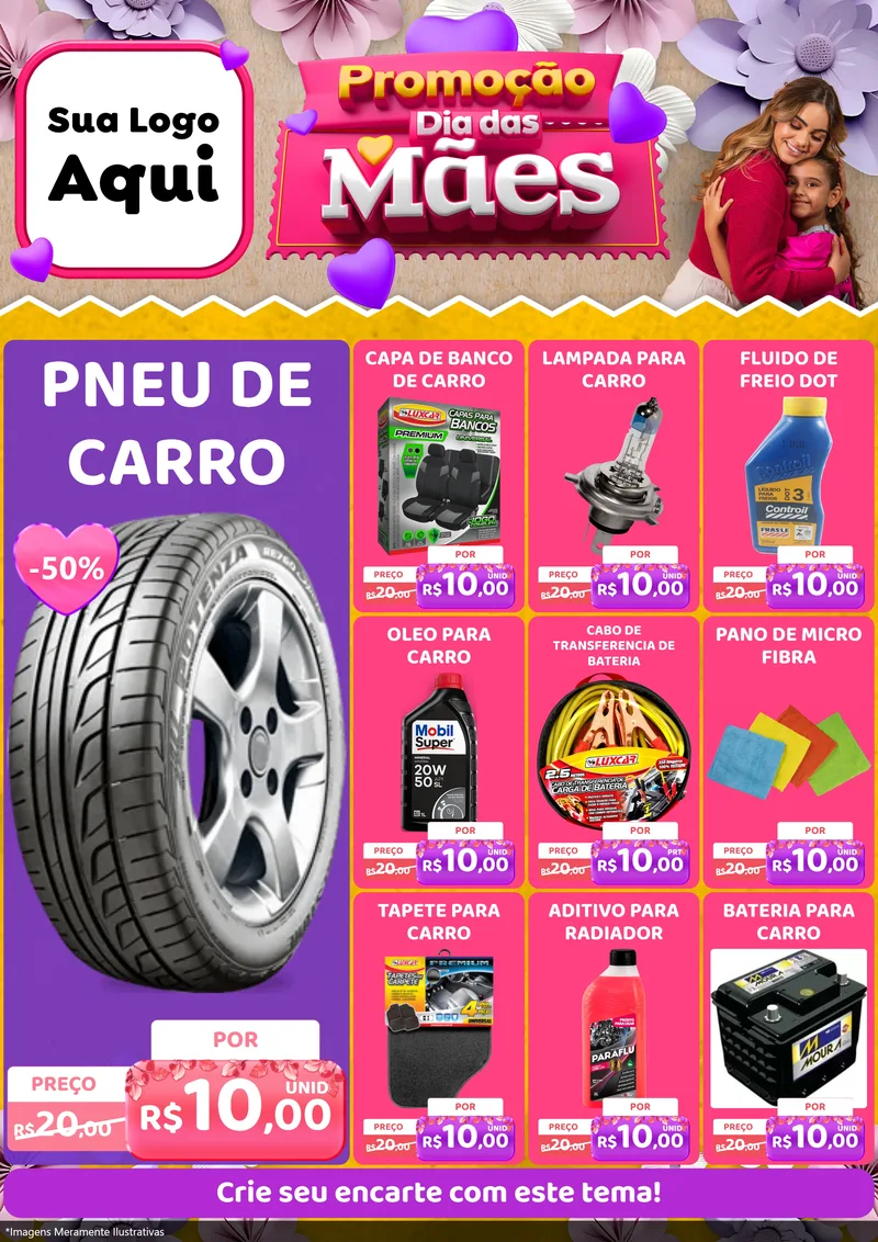 Modelo de Encarte para Encarte A4 Vertical com o tema Promoção Dia das Mães para Auto peças