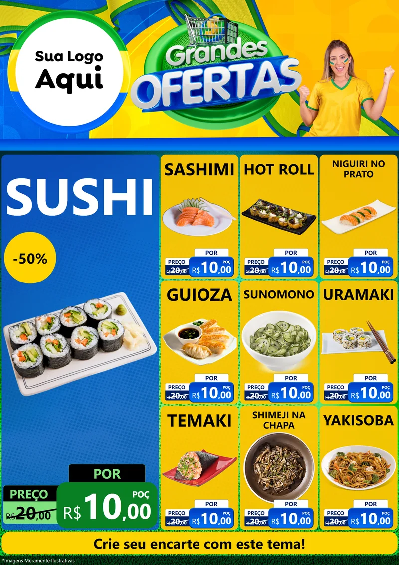 Modelo de Encarte para Encarte A4 Vertical com o tema Grandes Ofertas para Comida japonesa