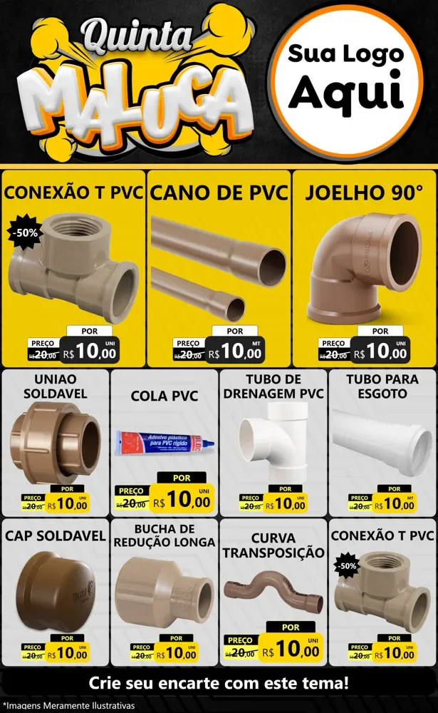 Modelo de Encarte para Encarte Grande com o tema Quinta Maluca para Tubos e conexões