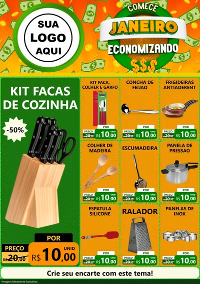 Modelo de Encarte para Encarte A4 Vertical com o tema Comece Janeiro Economizando para Utilidades Domésticas