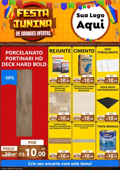 Modelo de Encarte para Encarte A4 Vertical com o tema Festa Junina de Grandes Ofertas para Pisos e revestimentos