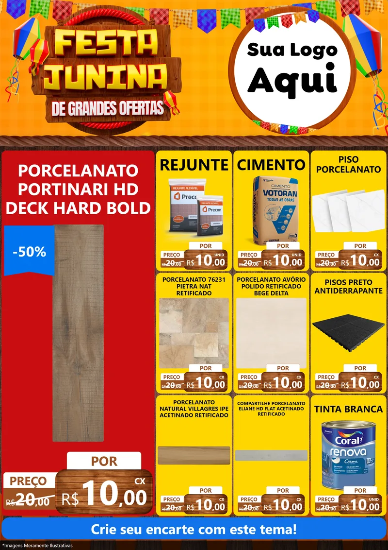 Modelo de Encarte para Encarte A4 Vertical com o tema Festa Junina de Grandes Ofertas para Pisos e revestimentos