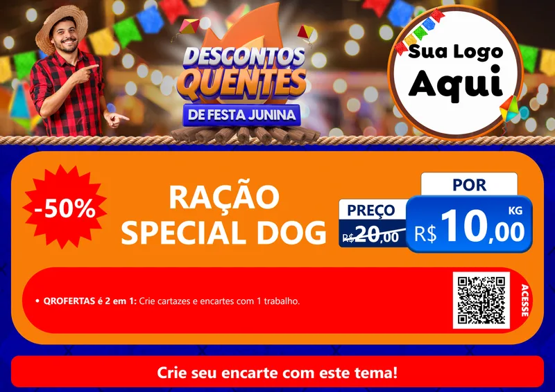 Modelo de Cartaz para Cartaz A4 Horizontal com o tema Descontos Quentes de Festa Junina para Pet Shop