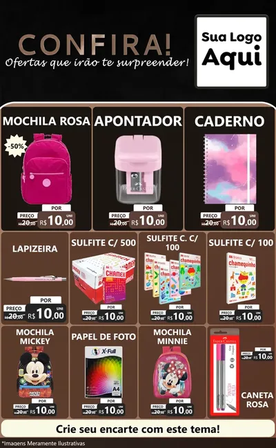 Modelo de Encarte para Encarte Grande com o tema Confira! Ofertas que irão te surpreender! para Papelaria