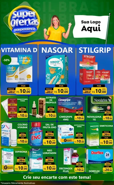 Modelo de Encarte para Encarte Grande com o tema Super Ofertas de Independência para Farmácia