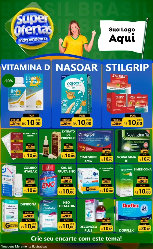 Modelo de Encarte para Encarte Grande com o tema Super Ofertas de Independência para Farmácia