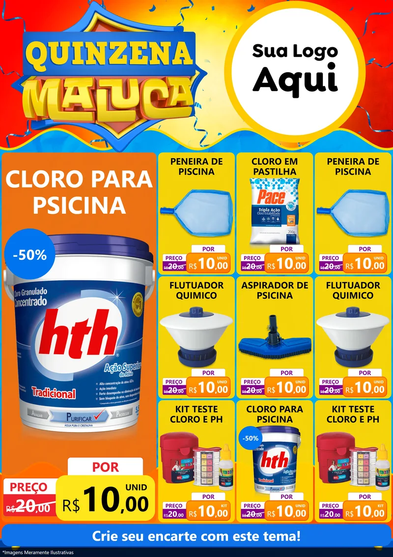 Modelo de Encarte para Encarte A4 Vertical com o tema Quinzena Maluca para Produtos para Piscina