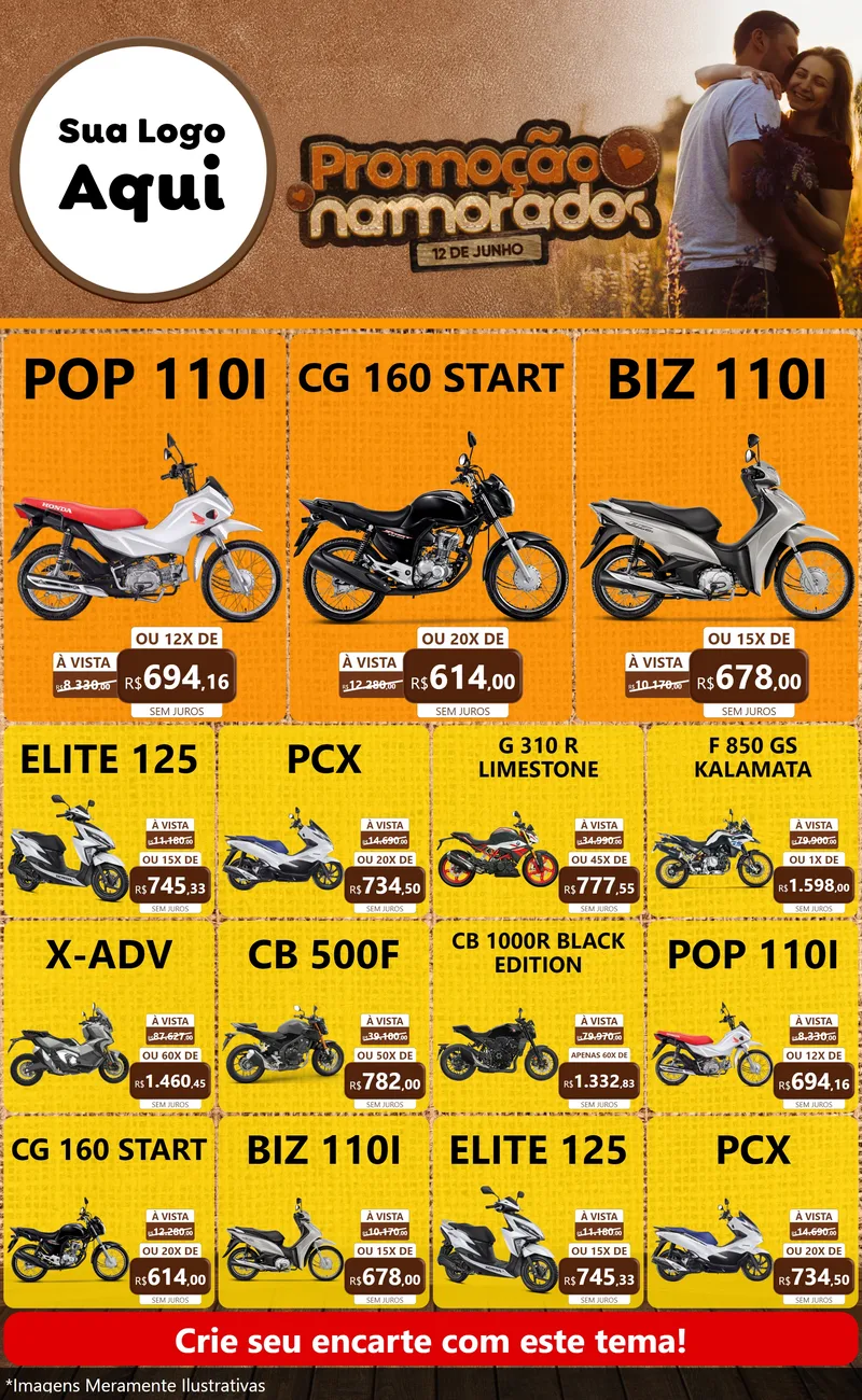 Modelo de Encarte para Encarte Grande com o tema Promoção Namorados para Concessionaria de Motos