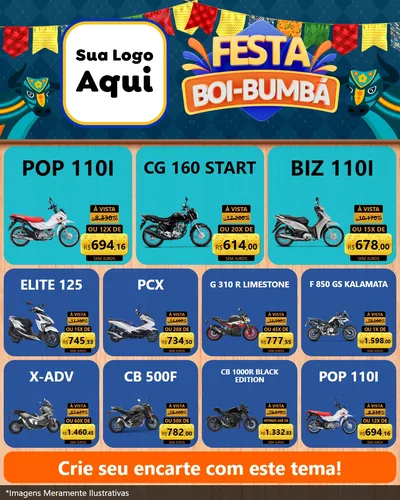 Modelo de Rede Social para Feed Instagram com o tema Festa Boi Bumbá para Concessionaria de Motos