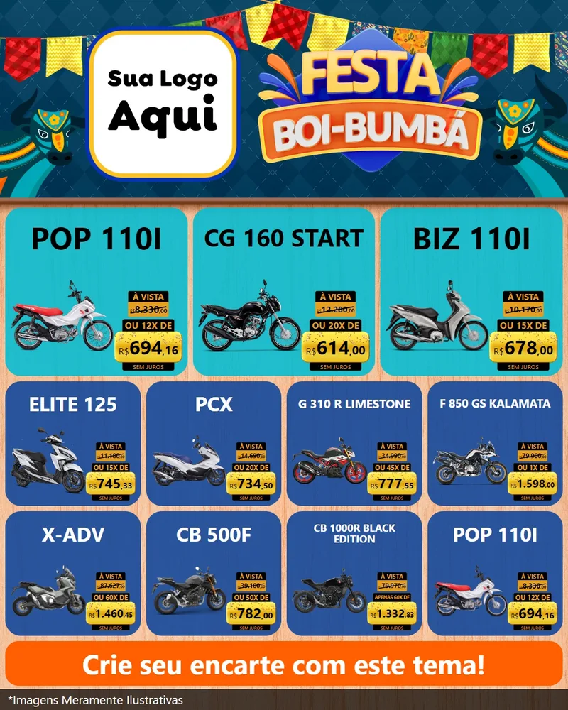 Modelo de Rede Social para Feed Instagram com o tema Festa Boi Bumbá para Concessionaria de Motos