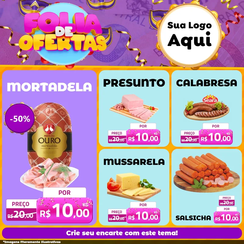Modelo de Rede Social para Feed Facebook com o tema Folia de Ofertas para Frios e Laticínios