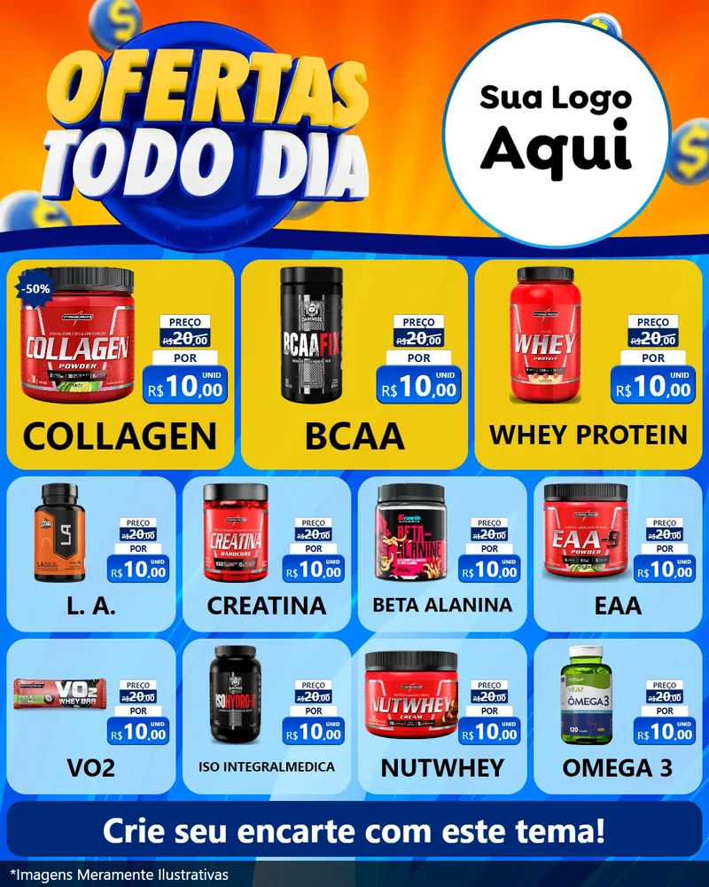 Modelo de Rede Social para Feed Instagram com o tema Ofertas Todo Dia para Suplementos alimentares