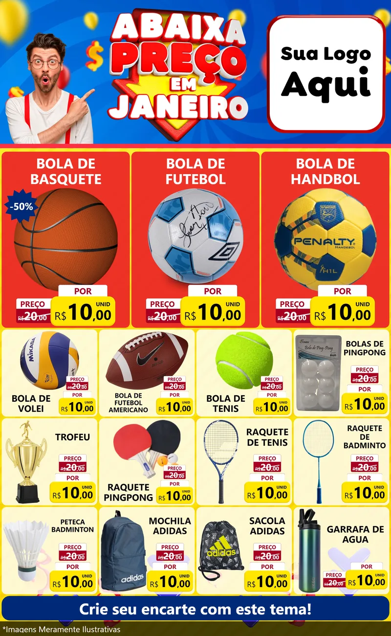 Modelo de Encarte para Encarte Grande com o tema Abaixa Preço em Janeiro para Artigos Esportivos