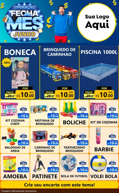 Modelo de Encarte para Encarte Grande com o tema Operação Fecha Mês, Junho para Brinquedos