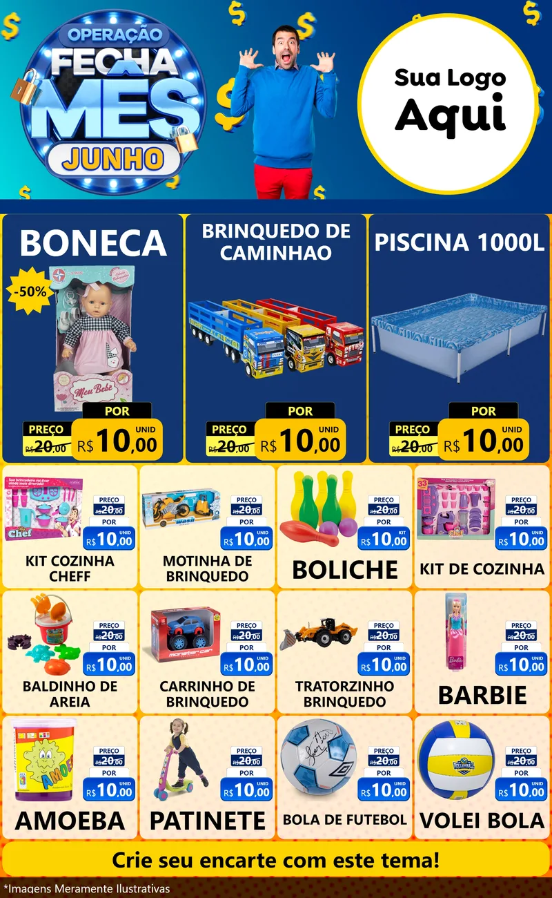 Modelo de Encarte para Encarte Grande com o tema Operação Fecha Mês, Junho para Brinquedos