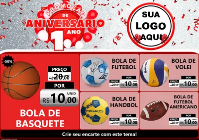 Modelo de Encarte para Encarte A4 Horizontal com o tema Promoção de Aniversário - 1 Ano para Artigos Esportivos