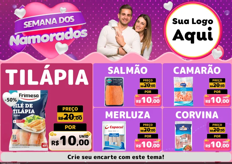 Modelo de Encarte para Encarte A4 Horizontal com o tema Semana dos Namorados para Peixaria