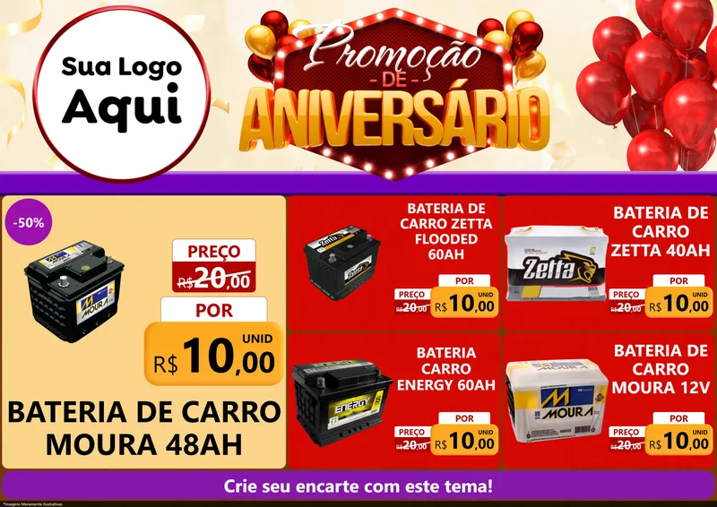 Modelo de Encarte para Encarte A4 Horizontal com o tema Promoção de Aniversário para Baterias Elétricas