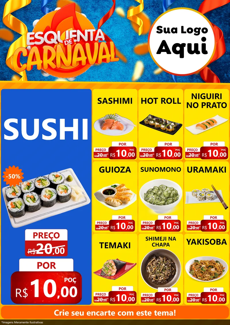 Modelo de Encarte para Encarte A4 Vertical com o tema Esquenta de Carnaval para Comida japonesa