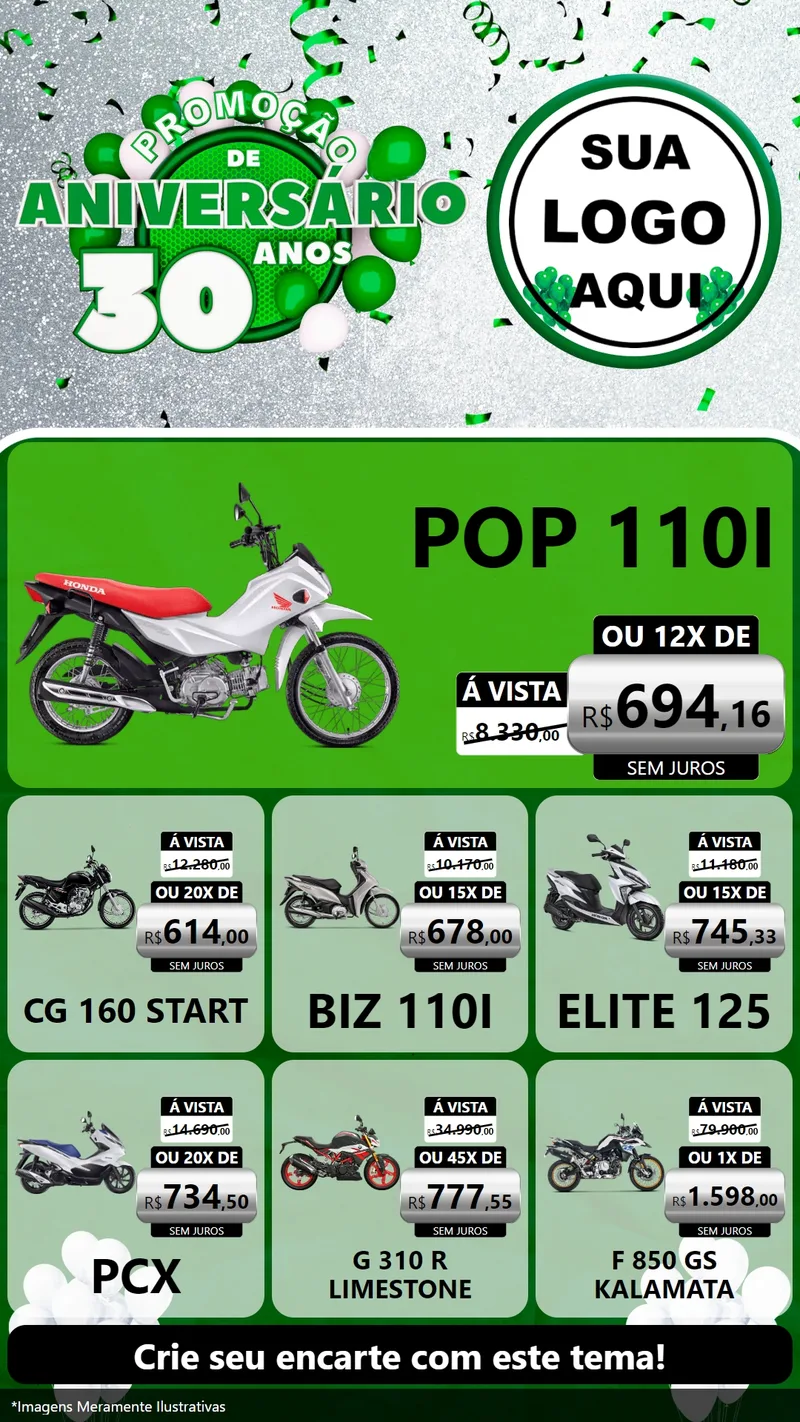 Modelo de Rede Social para Stories com o tema Promoção de Aniversário - 30 Anos para Concessionaria de Motos